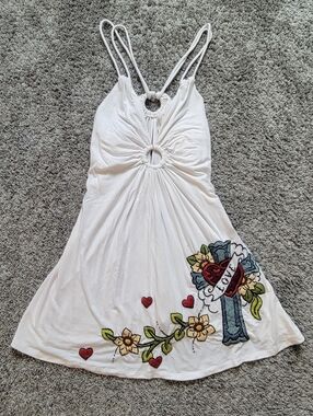 White Embroidered Heart & Cross Mini Sundress Or Long Tank Size Medium *NEW*